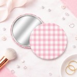 Cermin Bulat Pastel Strawberry Pink Gingham Pattern | Kaca Cermin Make Up Mini